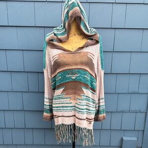 Free People teal Women's Hooded Sweater with Fringe